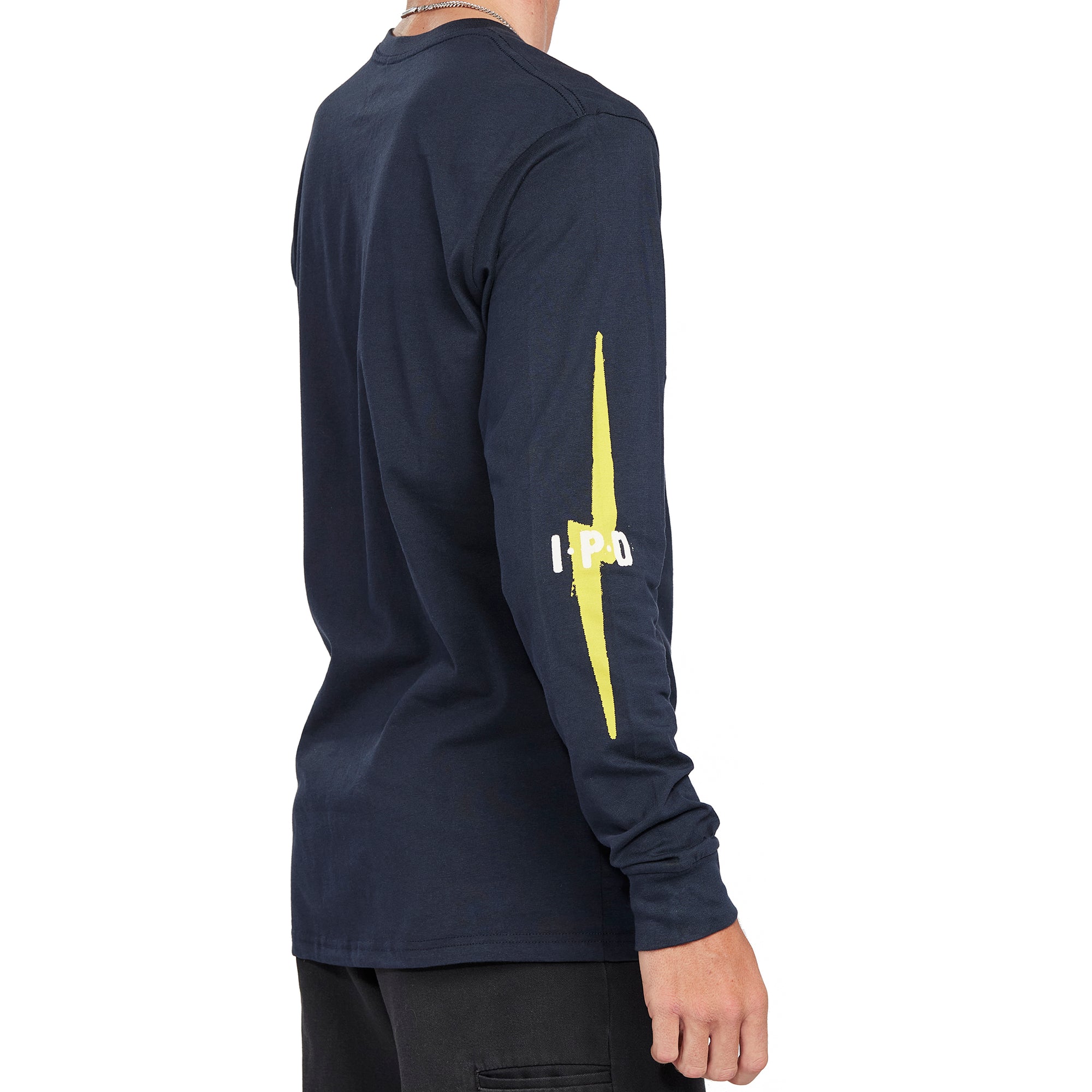 Side view of navy Bolt Longsleeve tee showing yellow lightning bolt design along the sleeve with IPD text.