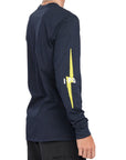 Side view of navy Bolt Longsleeve tee showing yellow lightning bolt design along the sleeve with IPD text.