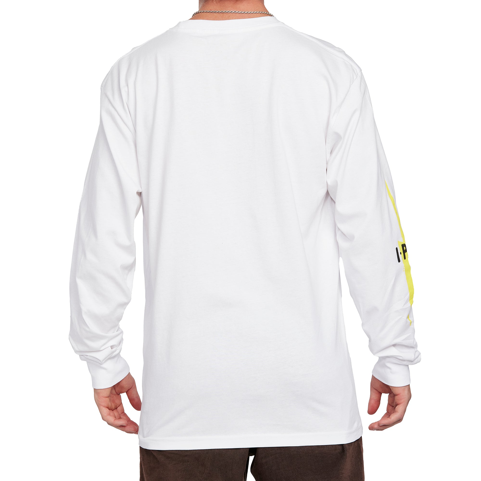 Back view of white Bolt Longsleeve tee with a plain design and visible long sleeves.