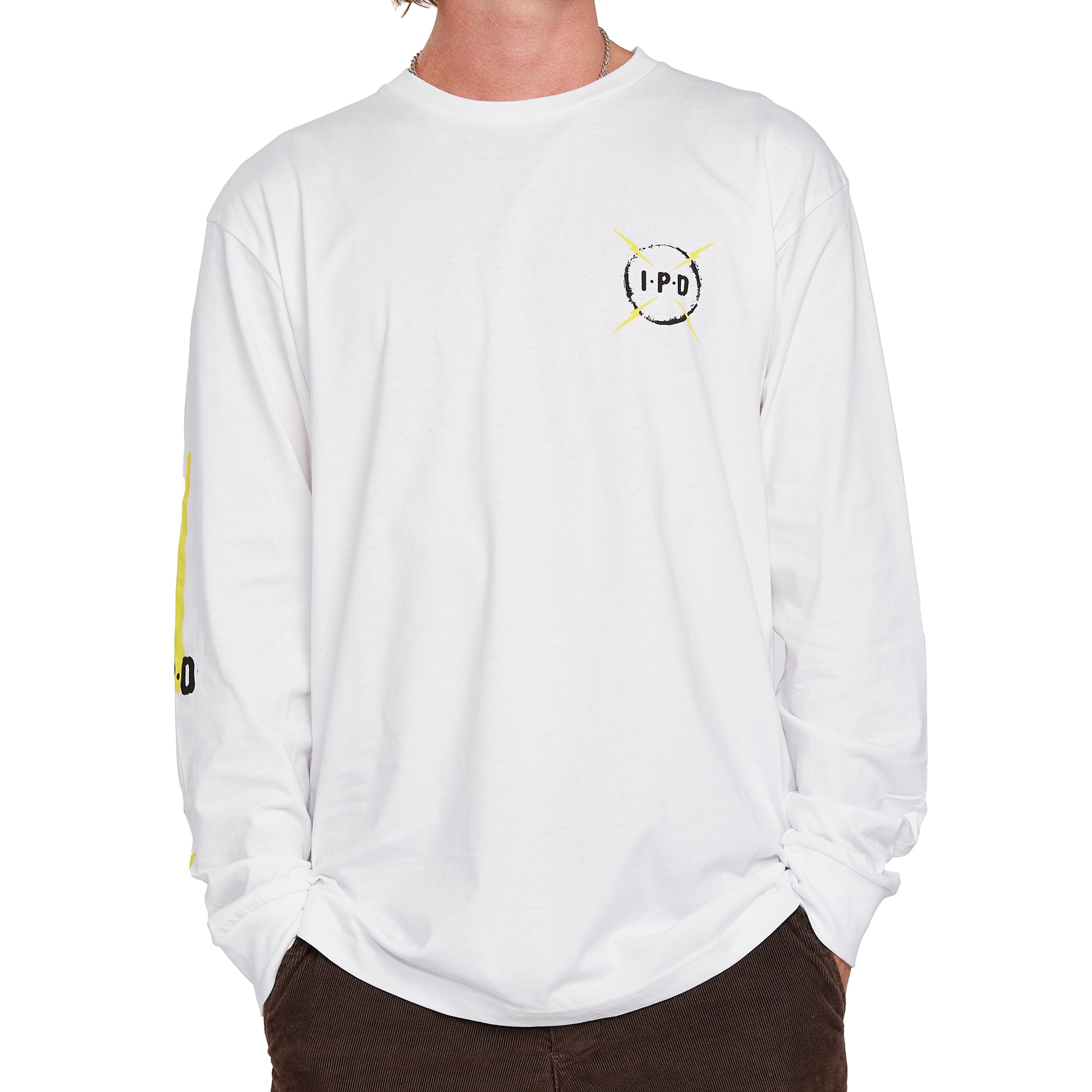 Front view of white Bolt Longsleeve tee featuring yellow lightning bolt design on the left sleeve and IPD logo on the chest.