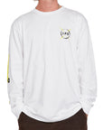 Front view of white Bolt Longsleeve tee featuring yellow lightning bolt design on the left sleeve and IPD logo on the chest.