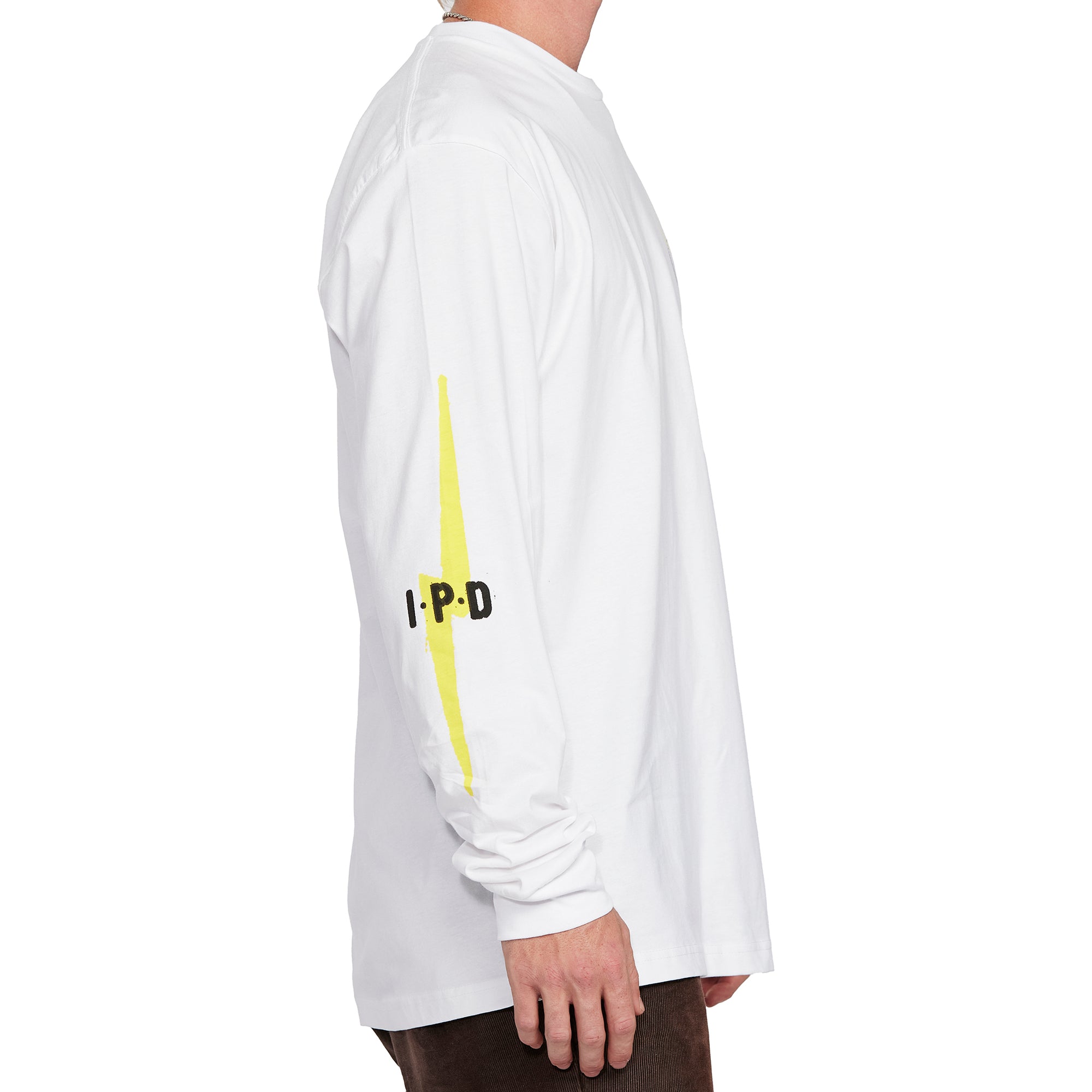 Side view of white Bolt Longsleeve tee showing the yellow lightning bolt on the sleeve with IPD text.