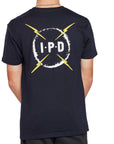 Back view of the navy Bolt Short Sleeve Tee showcasing the bold IPD logo with striking yellow lightning bolts.

