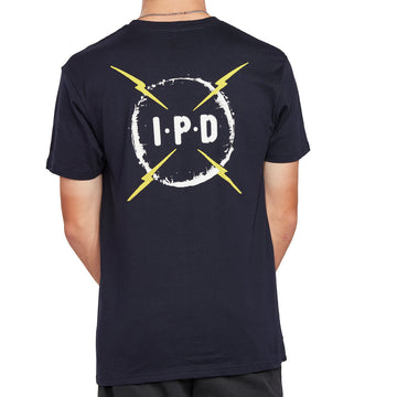 Back view of the navy Bolt Short Sleeve Tee showcasing the bold IPD logo with striking yellow lightning bolts.

