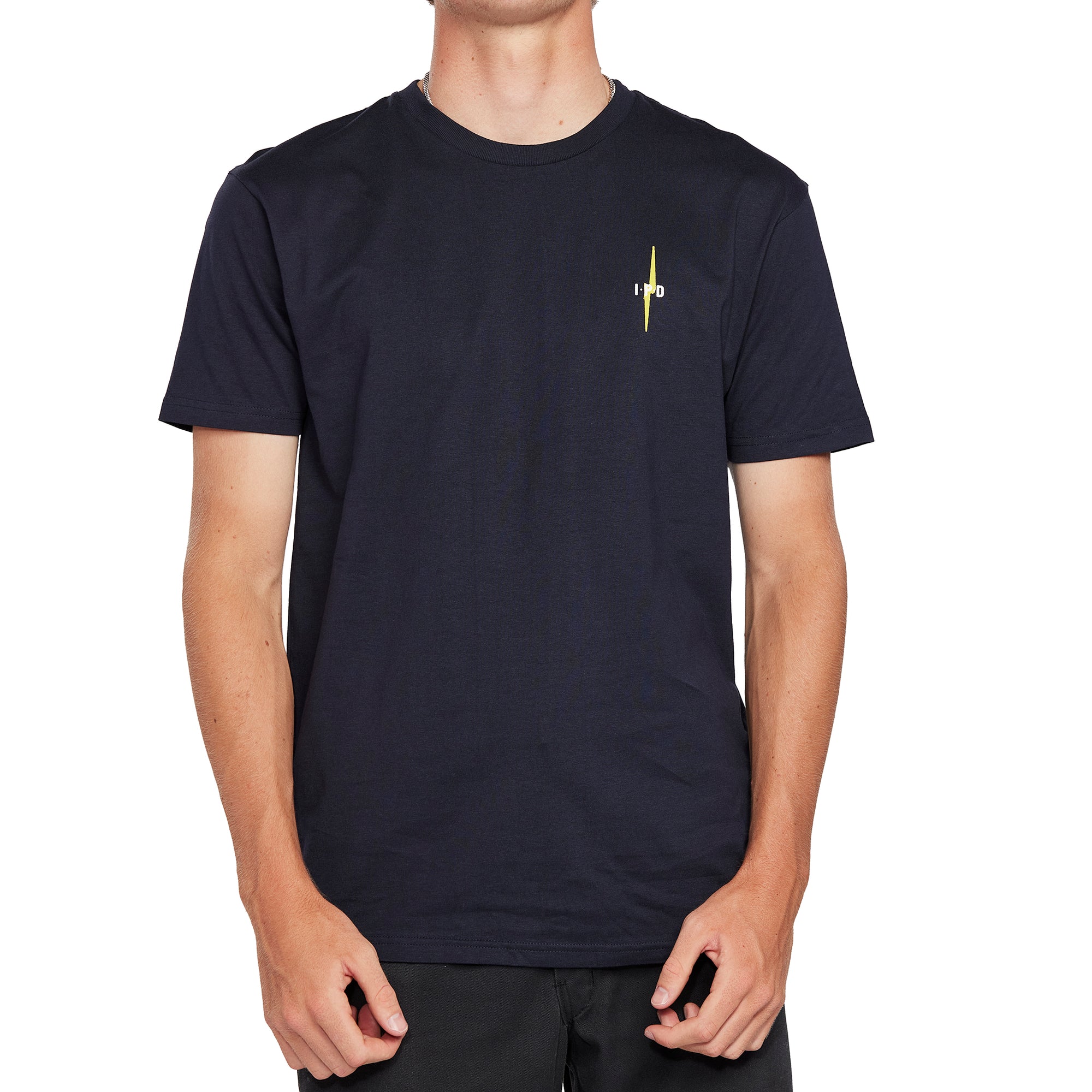 Front view of the navy Bolt Short Sleeve Tee by IPD featuring a small lightning bolt design on the chest.