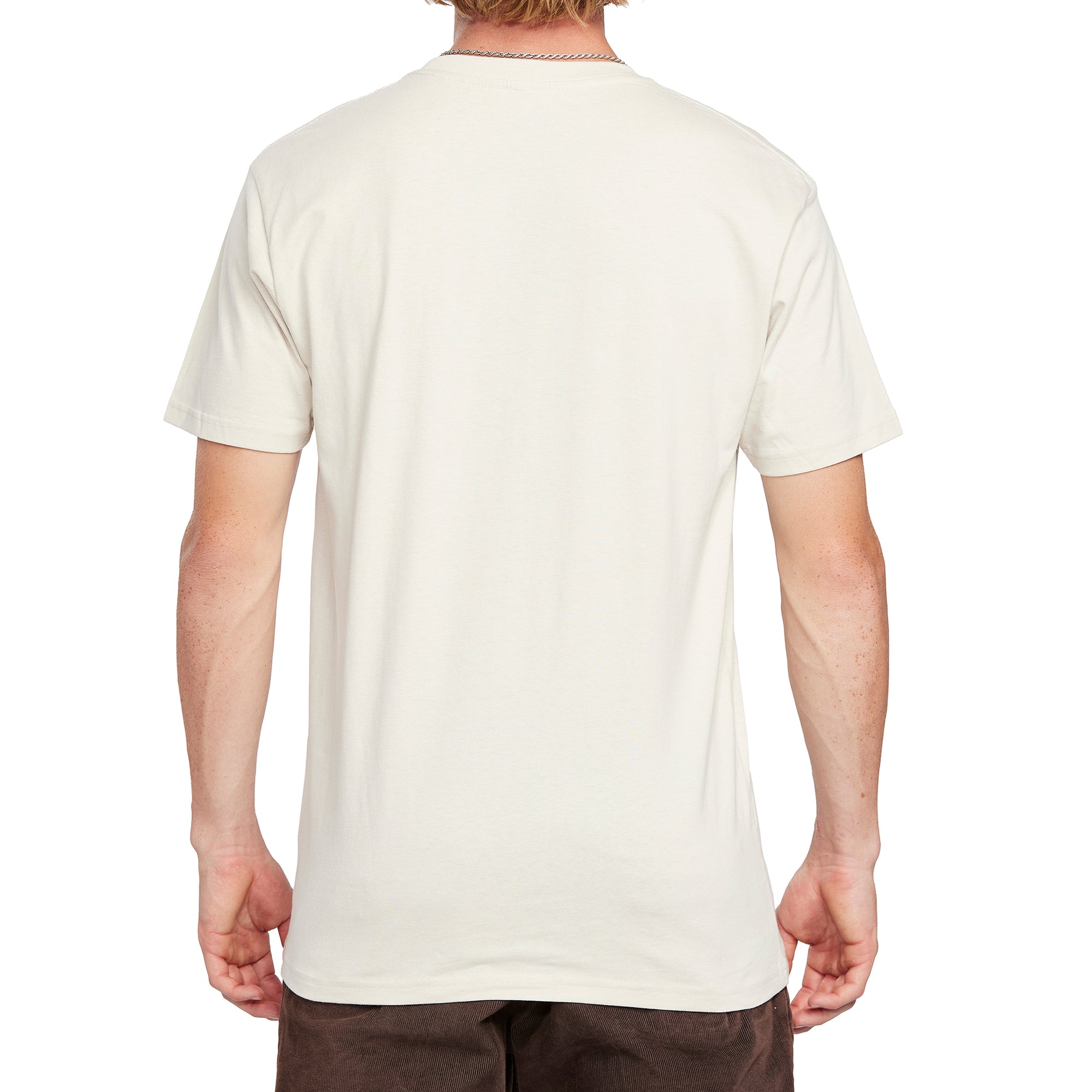 Back view of a bone-white graphic tee with a clean, solid design, offering a soft and comfortable fit for casual style.