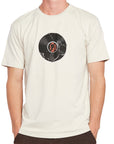 Front view of a bone-white graphic tee featuring a distressed vinyl record design with an "IPD" logo, adding a cool, vintage vibe to any outfit.