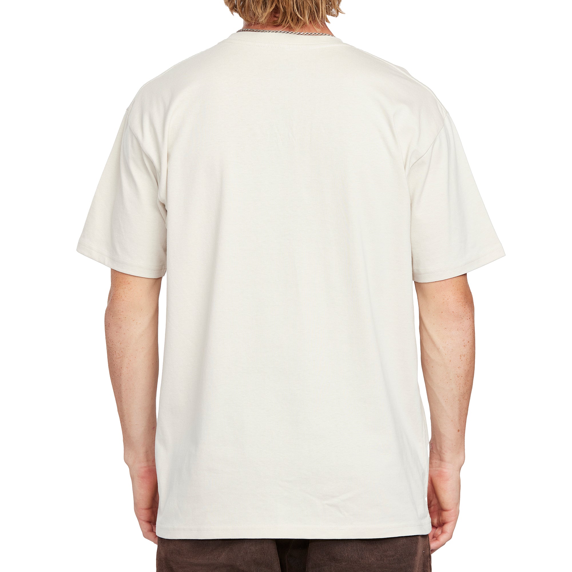 Back view of a bone-white graphic tee with a clean, solid design, offering a comfortable and versatile fit for everyday wear.