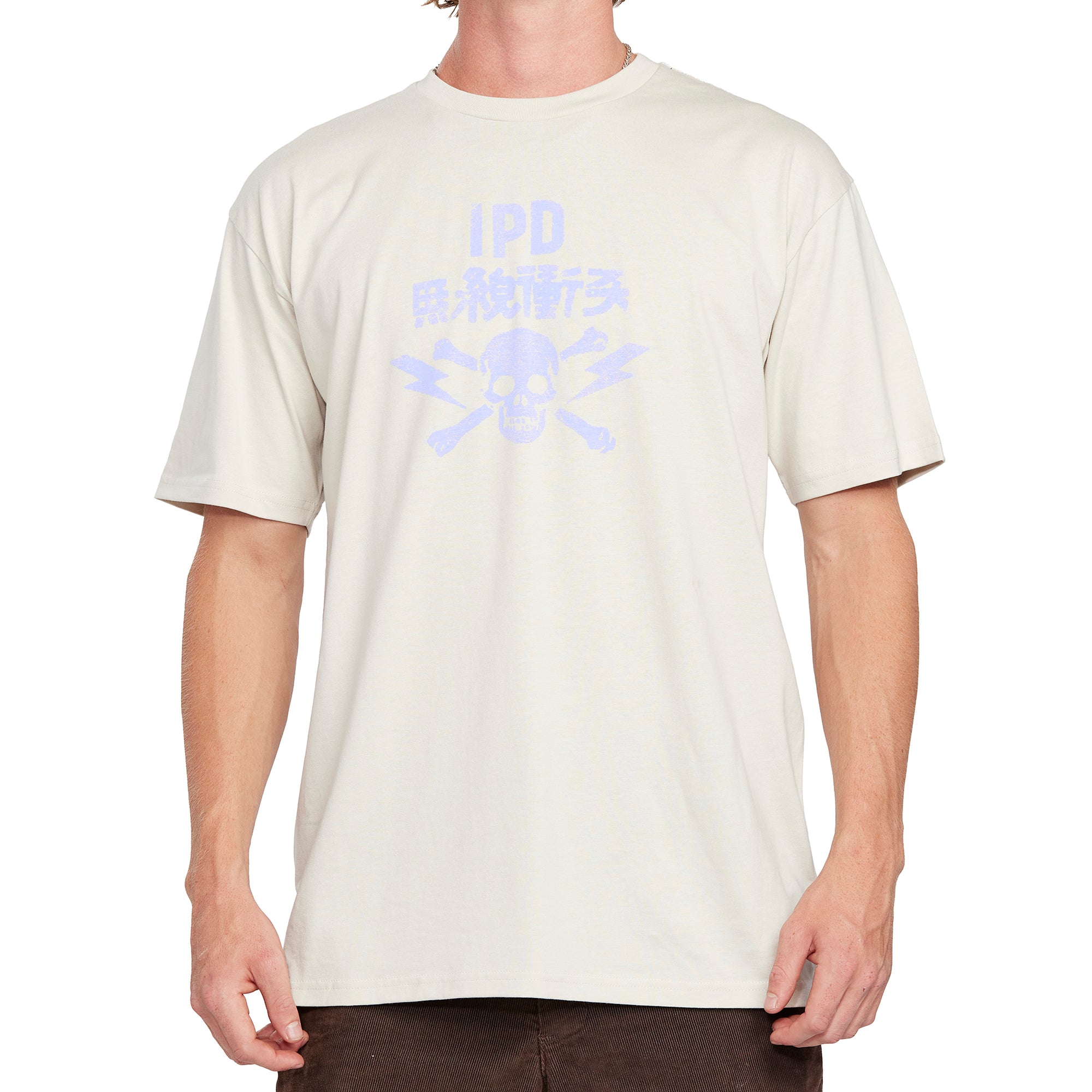 Front view of a bone-white graphic tee featuring a skull and lightning design with "IPD" text, delivering a bold, edgy statement.