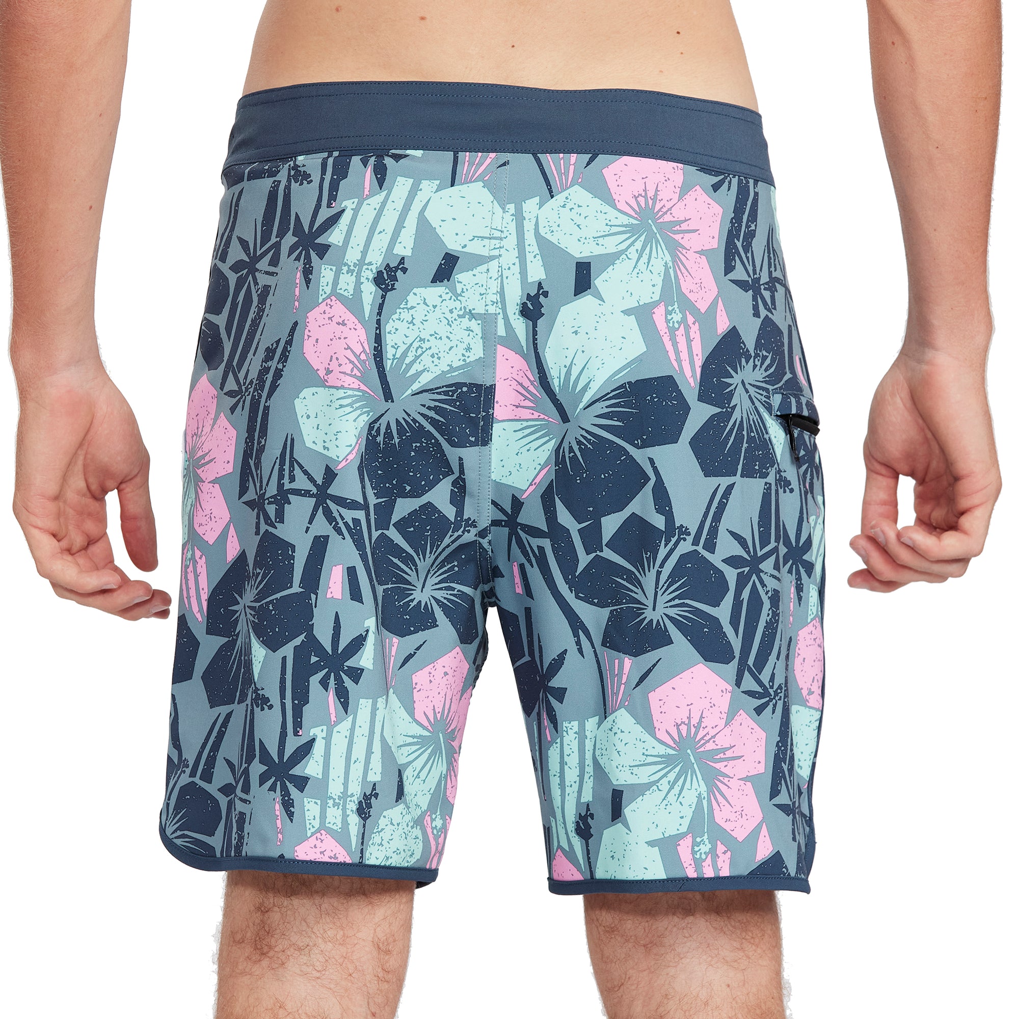 Floral Glassy 18-inch Boardshort in Pacific Blue - Back View | Classic Floral Design Boardshorts with Contrast Waistband and Signature Details