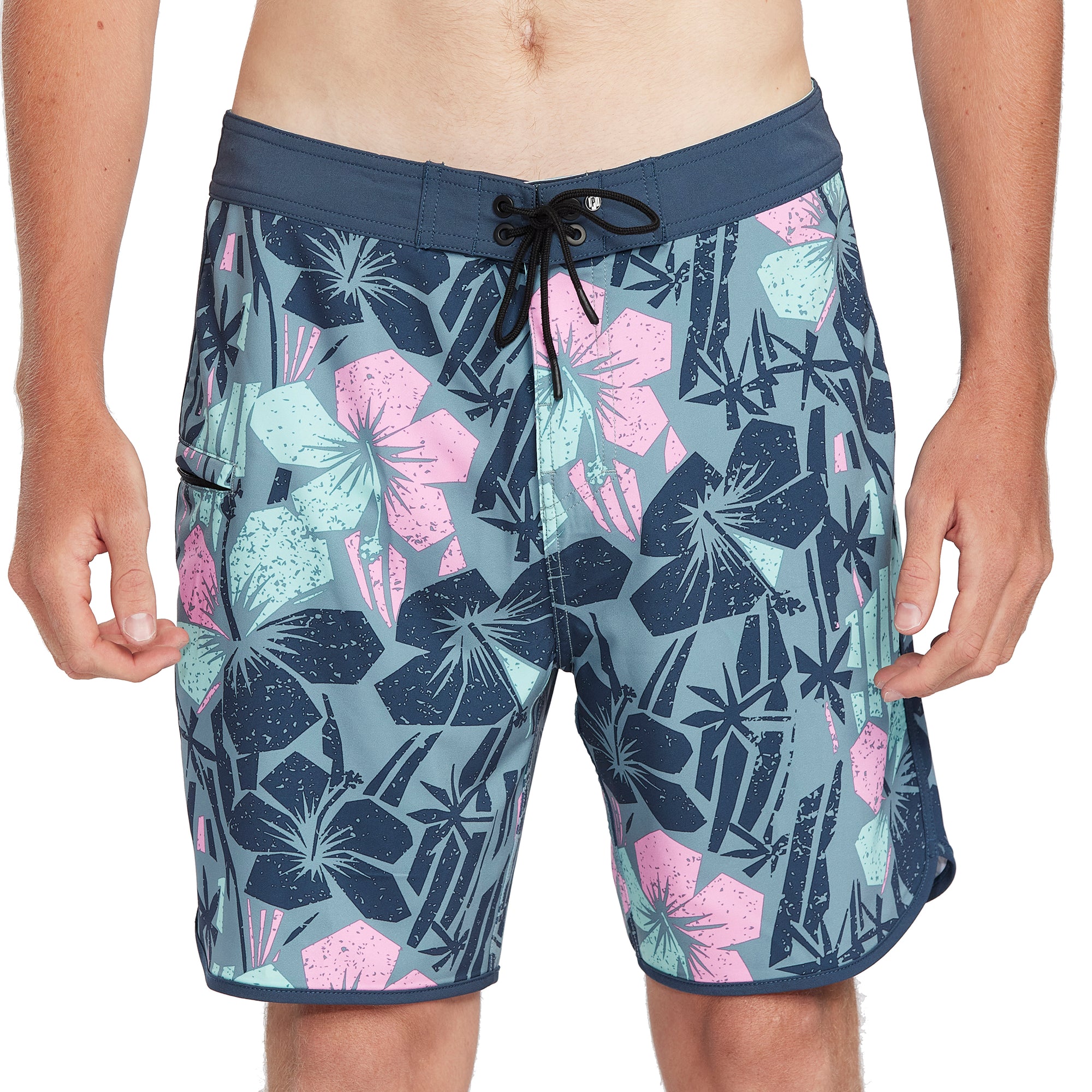 Floral Glassy 18-inch Boardshort in Pacific Blue - Front View | Stylish Recycled Polyester Boardshorts with Scallop Hem and 4-Way Stretch