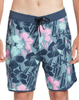 Floral Glassy 18-inch Boardshort in Pacific Blue - Front View | Stylish Recycled Polyester Boardshorts with Scallop Hem and 4-Way Stretch