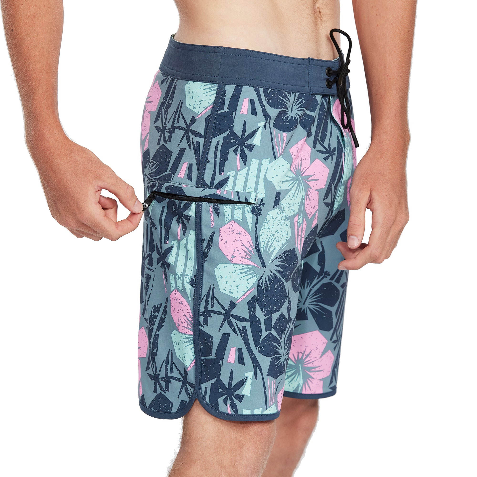 Floral Glassy 18-inch Boardshort in Pacific Blue - Side View | Comfortable Boardshorts with Welt Pocket and Hidden Zipper Pull