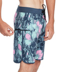 Floral Glassy 18-inch Boardshort in Pacific Blue - Side View | Comfortable Boardshorts with Welt Pocket and Hidden Zipper Pull