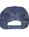 Back of a dark blue mesh snapback hat. There's a small I P D logo on the left side of the adjusting strap.