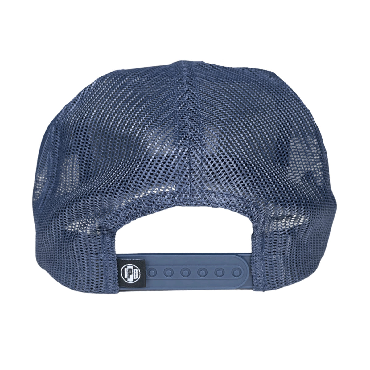Back of a dark blue mesh snapback hat. There&#39;s a small I P D logo on the left side of the adjusting strap.