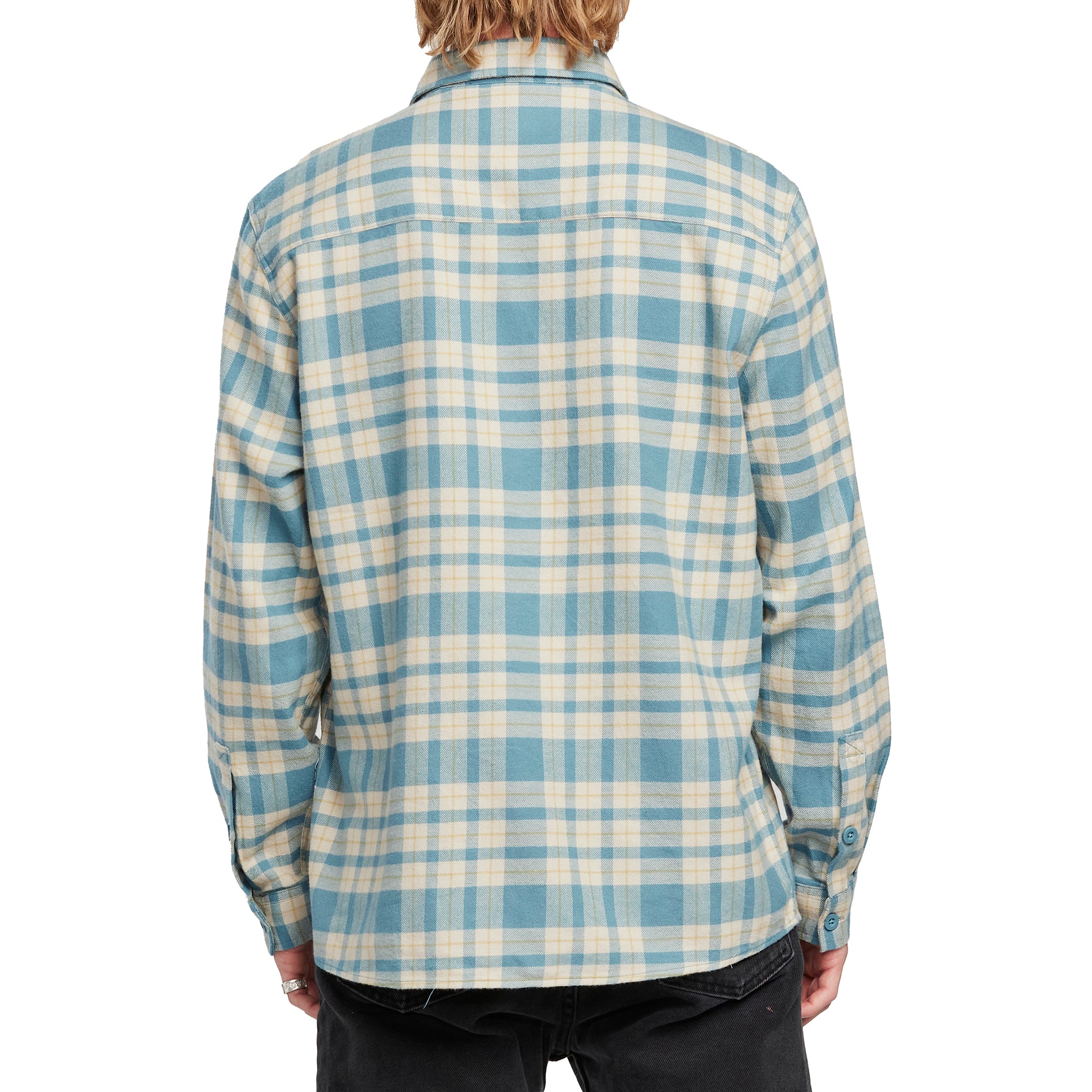 Back view of a man wearing the IPD Evergreen flannel shirt in blue with a plaid pattern.