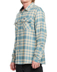 Side view of a man wearing the IPD Evergreen flannel shirt in blue with a plaid pattern.