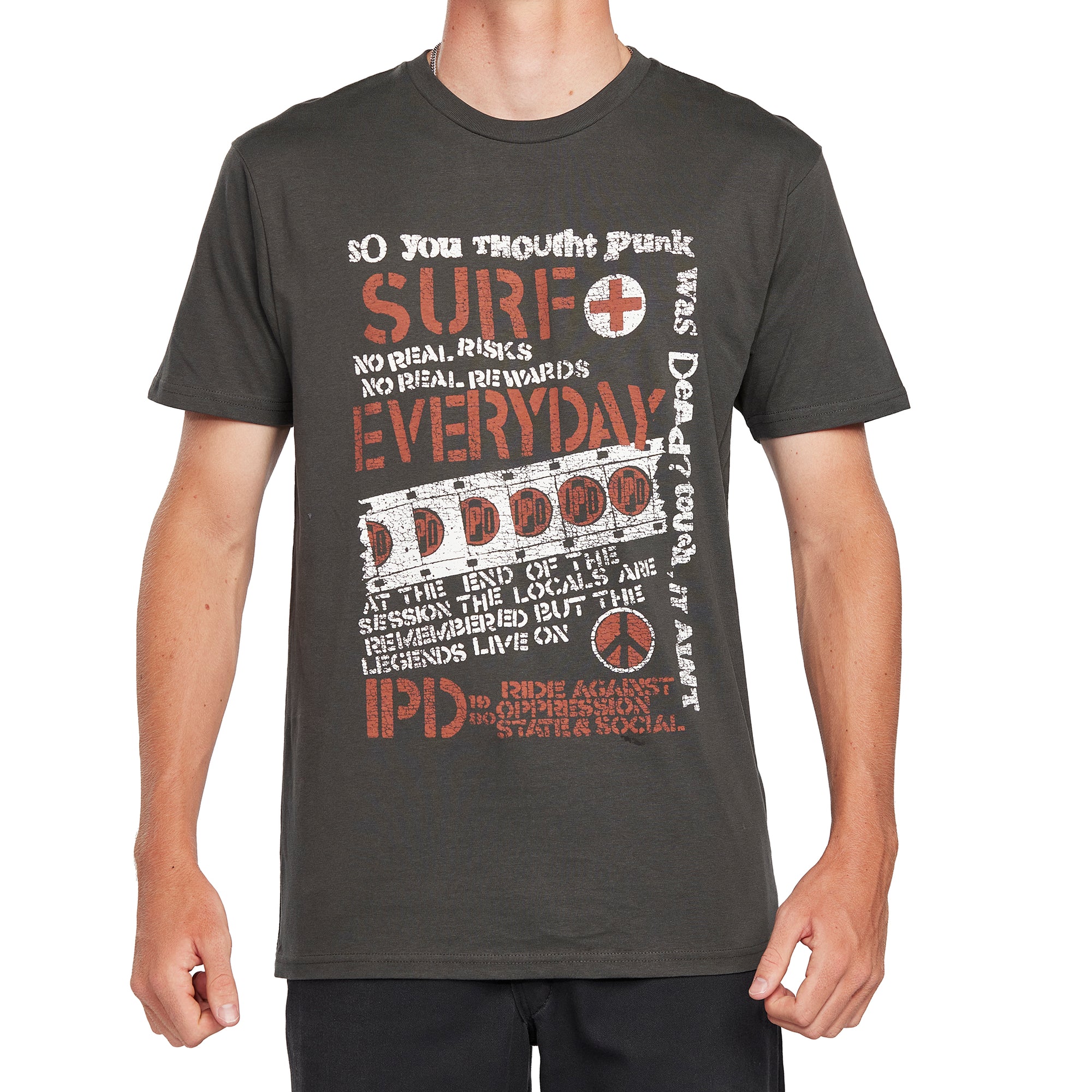 Front view of IPD Surf Everyday graphic tee featuring bold typography and punk rock-inspired design in dark olive. Made from 100% combed ring-spun cotton for ultra-soft comfort.