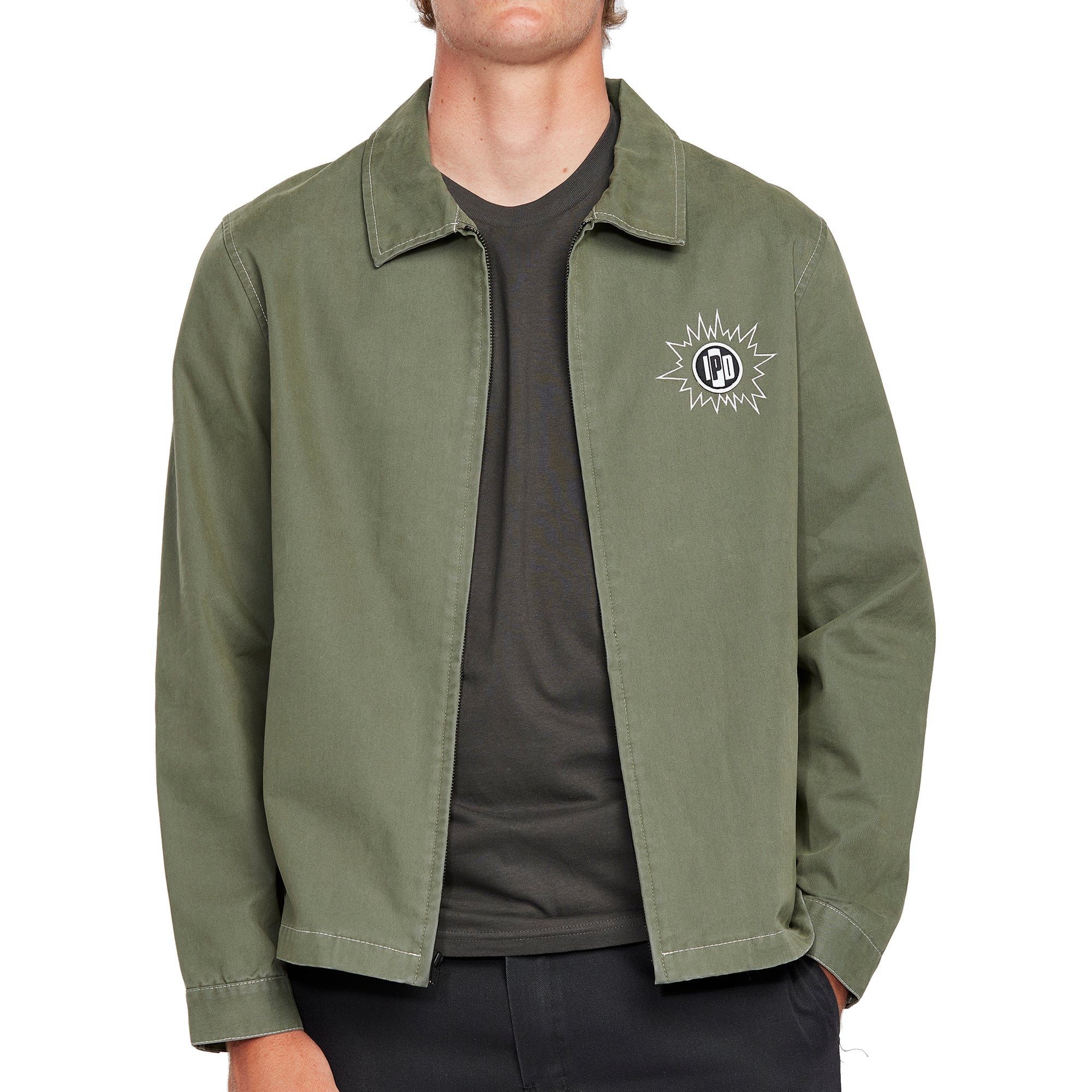 Front view of an olive green zip-up jacket featuring a minimal design with a white logo on the chest, offering a stylish and casual look.