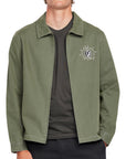 Front view of an olive green zip-up jacket featuring a minimal design with a white logo on the chest, offering a stylish and casual look.