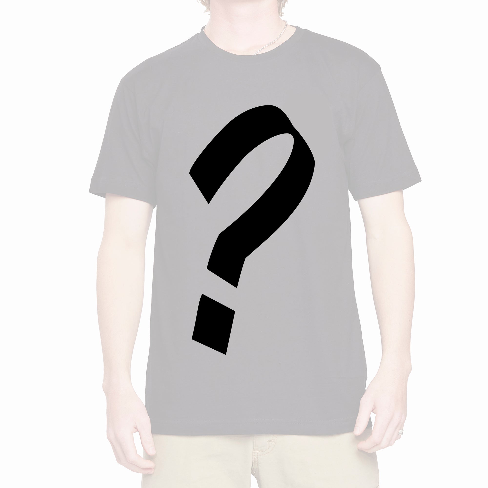 An image of a black t-shirt with a large question mark overlay, representing the IPD Mystery Tee offering.