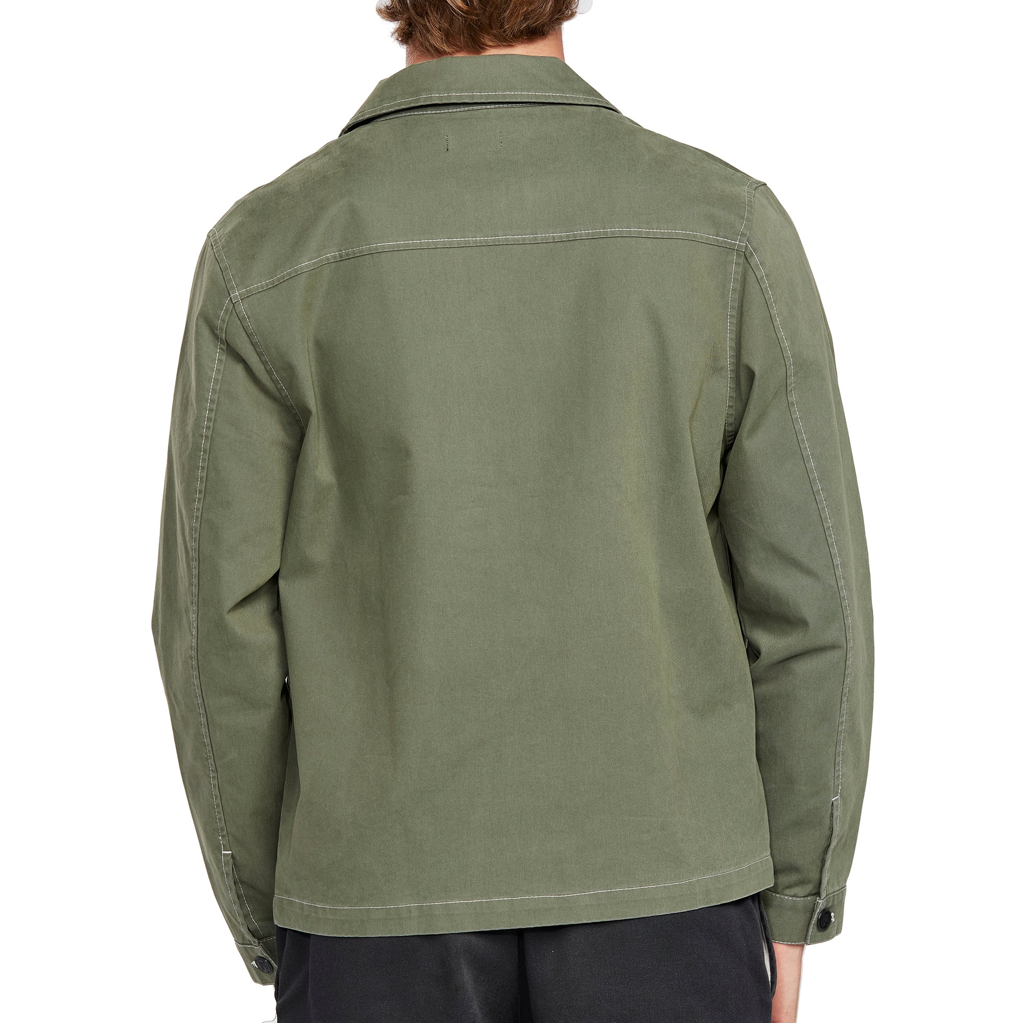 Back view of an olive green zip-up jacket with clean lines and a minimalist design, showcasing the simple and versatile style.