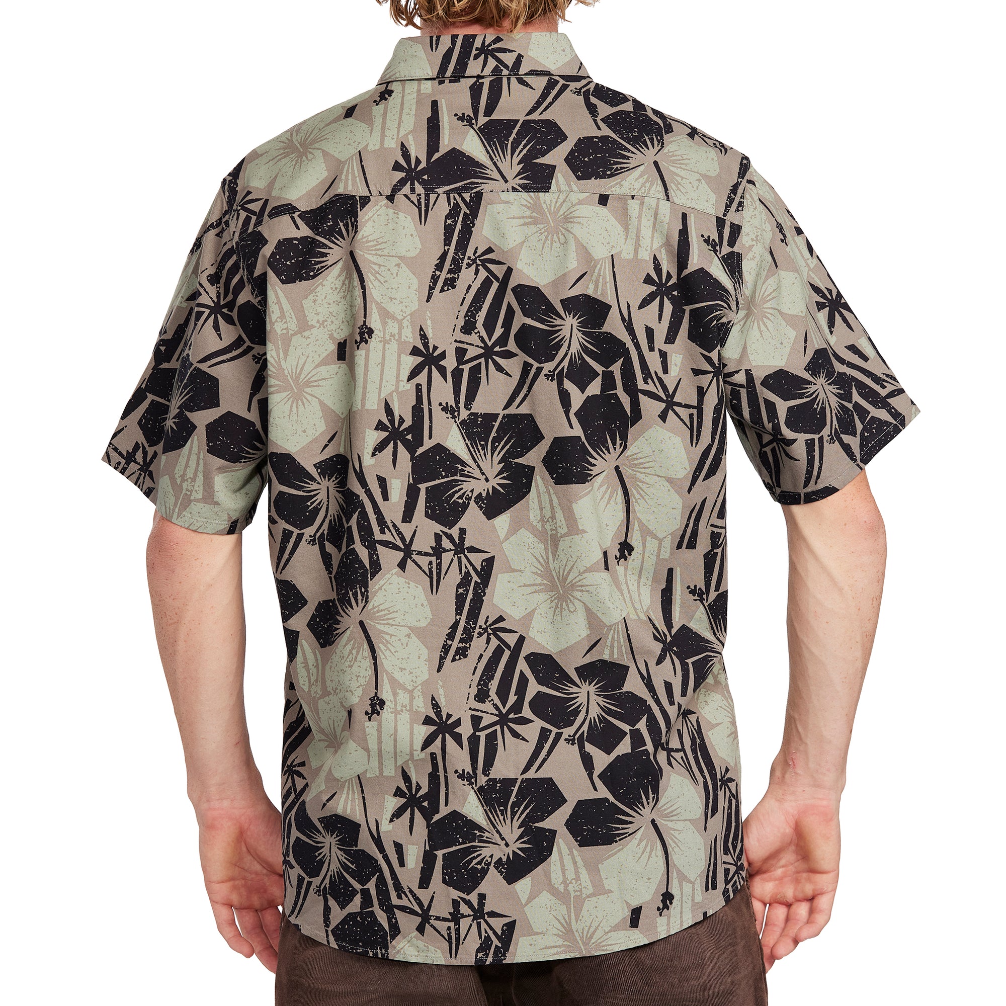 Back view of an olive short sleeve button-up shirt with black floral Hawaiian-inspired print, showcasing the relaxed fit and stylish design.