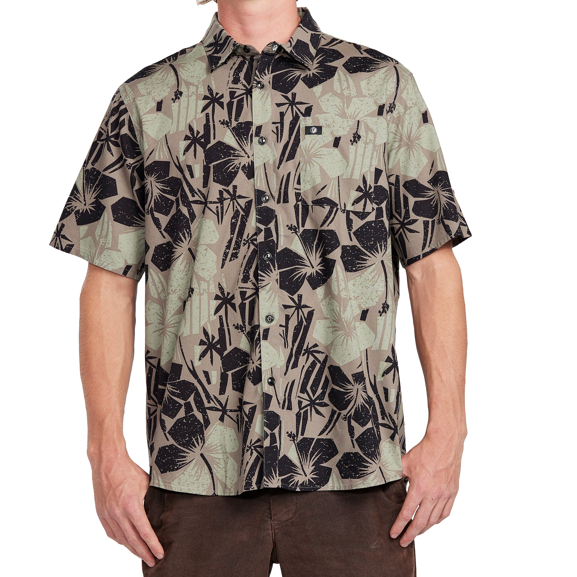 Front view of an olive Hawaiian print short sleeve shirt with black tropical floral designs, offering a casual, yet stylish look ideal for summer.