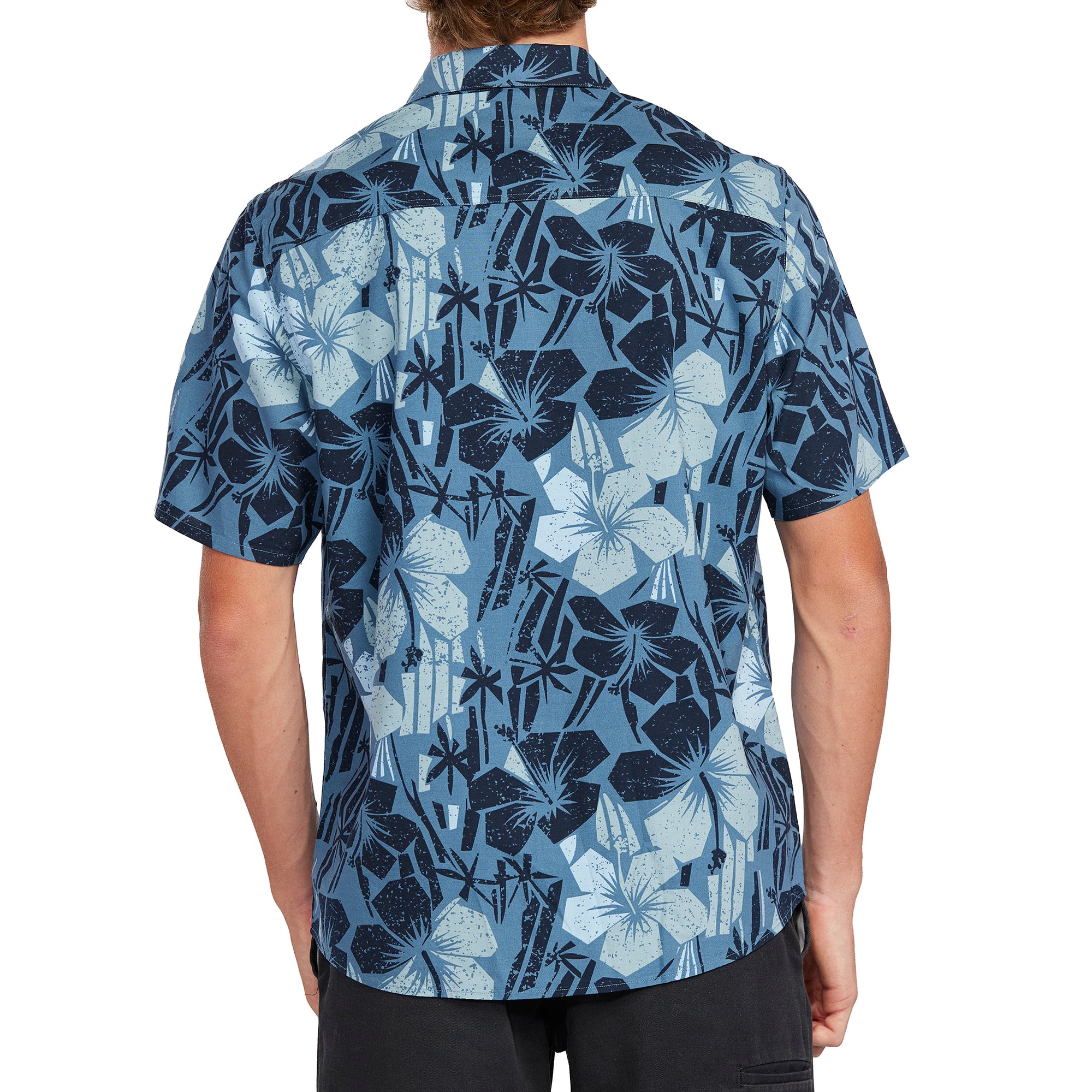 Back view of a Pacific blue Hawaiian print short sleeve shirt with an all-over black floral pattern, perfect for a relaxed summer style.