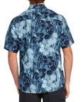 Back view of a Pacific blue Hawaiian print short sleeve shirt with an all-over black floral pattern, perfect for a relaxed summer style.