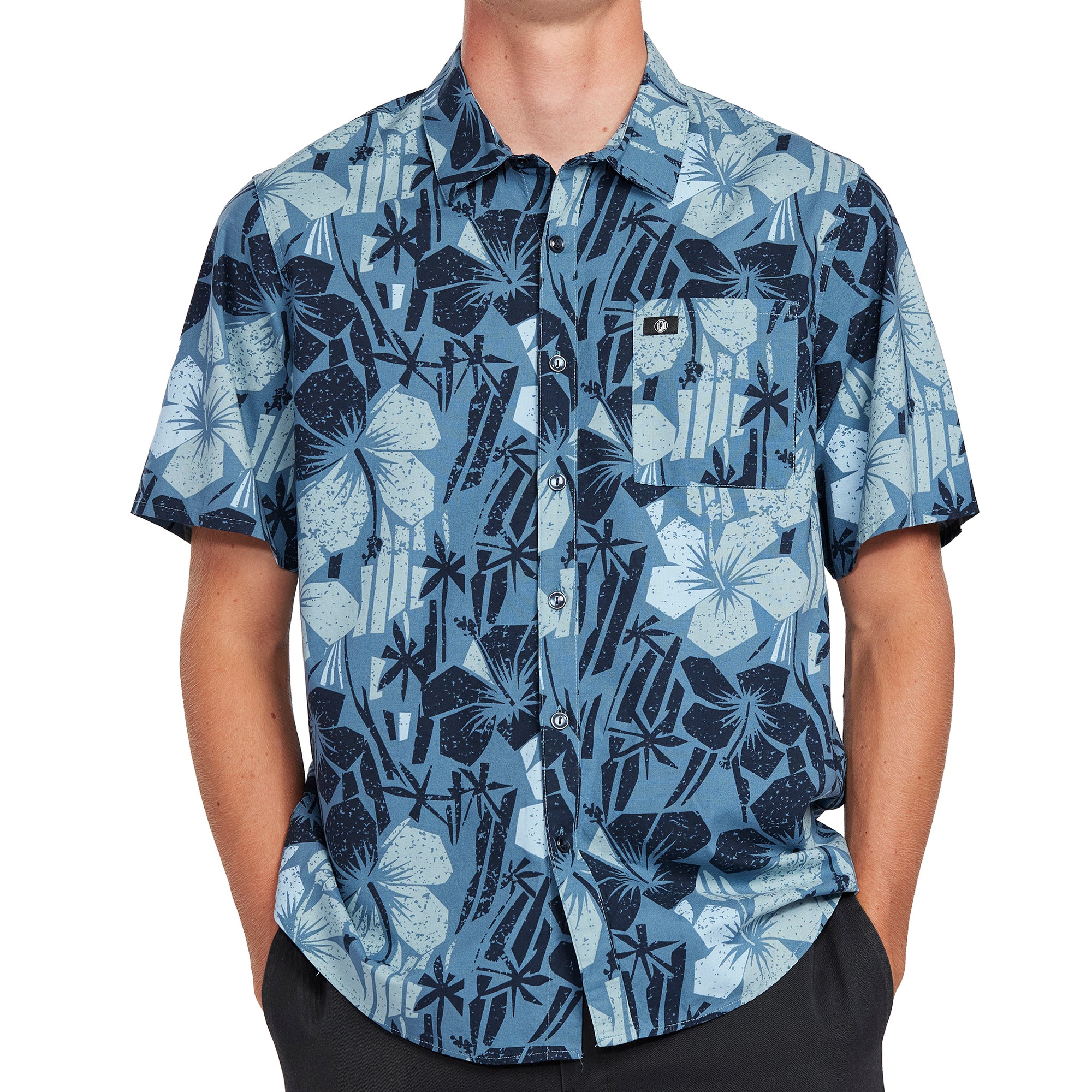 Front view of a Pacific blue Hawaiian print short sleeve shirt with a bold floral pattern, ideal for a casual, tropical look.