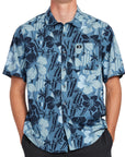 Front view of a Pacific blue Hawaiian print short sleeve shirt with a bold floral pattern, ideal for a casual, tropical look.