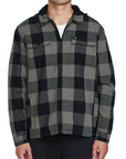 Front view of a plaid olive green full zip fleece hooded flannel with black stripes and two chest pockets.