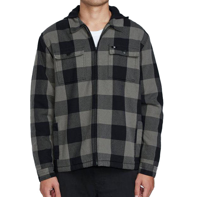 Front view of a plaid olive green full zip fleece hooded flannel with black stripes and two chest pockets.