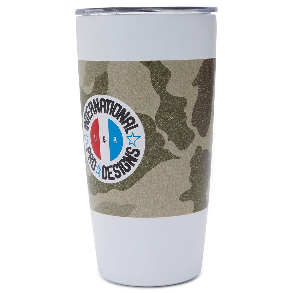 partial side view of tumbler showing left side of logo and continued camo surrounding entire mid section of tumbler