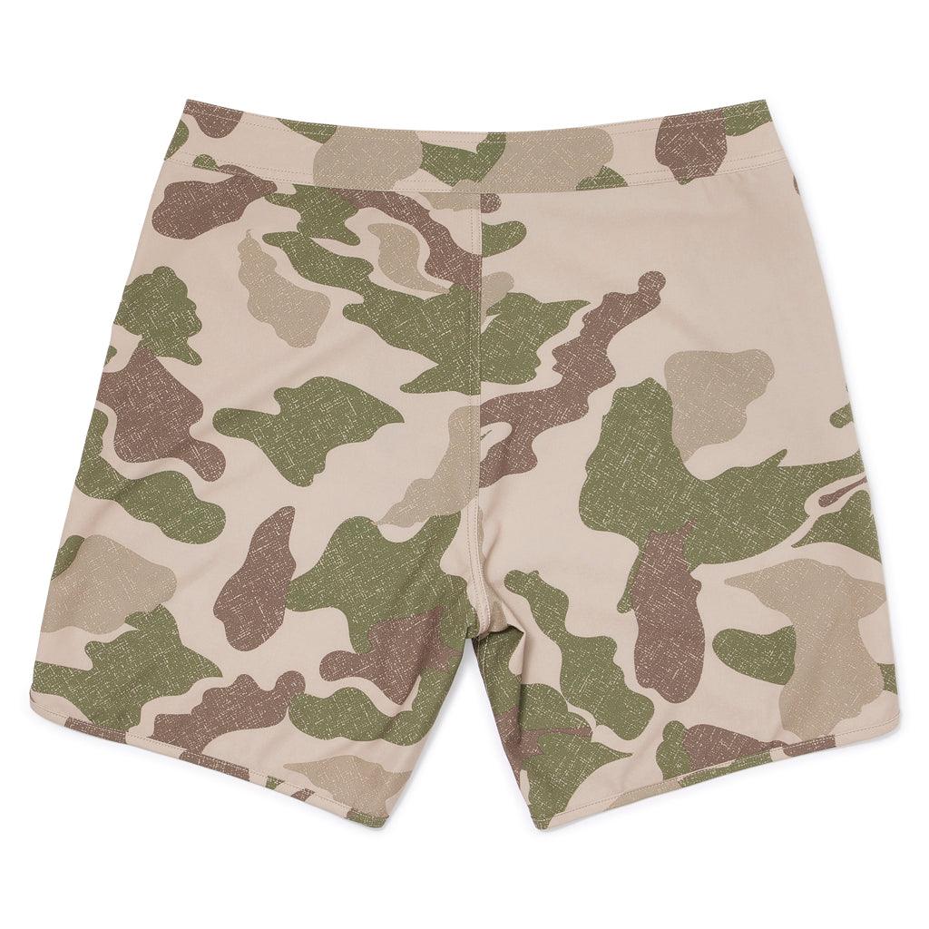 front view of mens brigade 83 fit 18" boardshort in camo with small international pro design logo around USA small on left thigh 