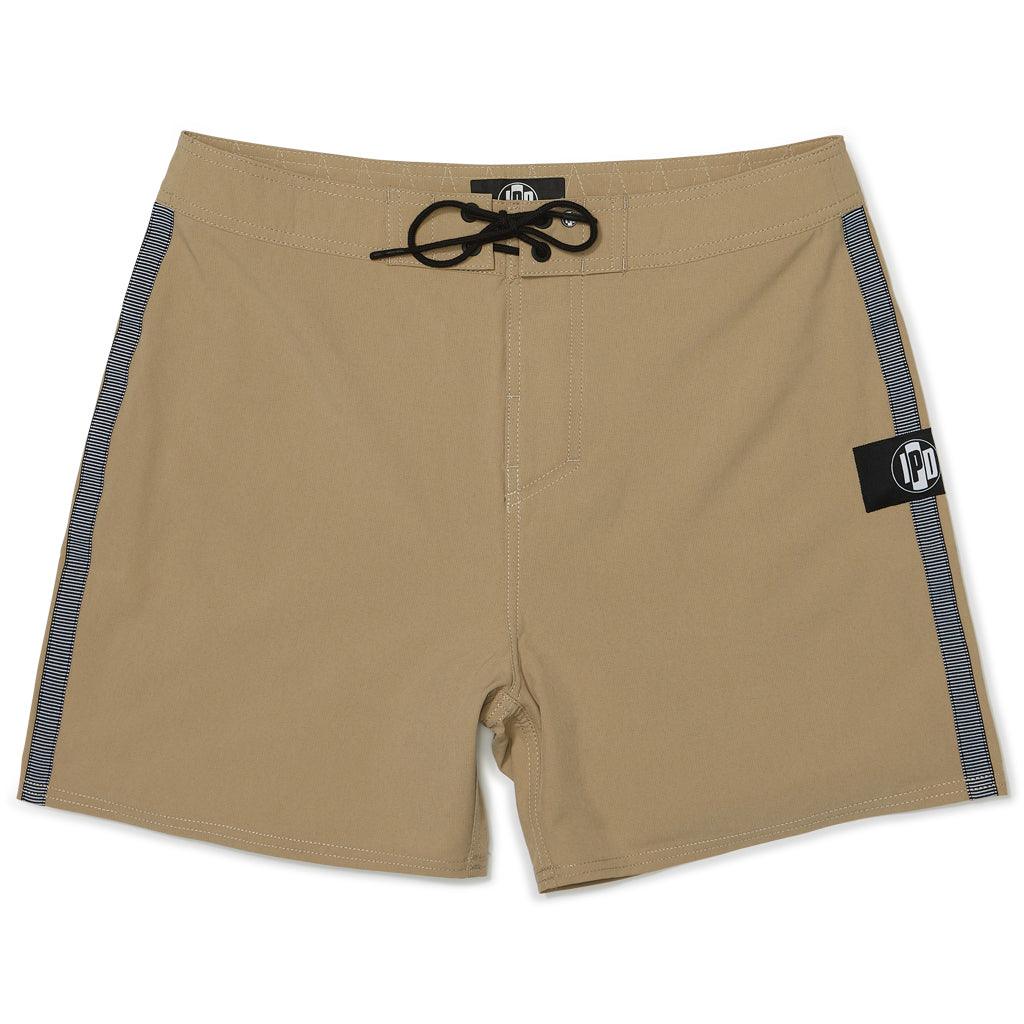 front view of mens chase b100 16&quot; fit boardshort in Khaki. Has front tie closure and black and white stipe down each side along with a circular IPD logo on mid left thigh 