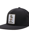side view of aloha hat in black, showing patch with aloha and palm trees and side panel 