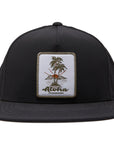 black snapback hat with aloha and two palm trees logo on the print in a patch 