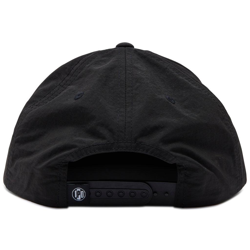 rear view of black aloha snapback, showing two back panels and snaps for closure 