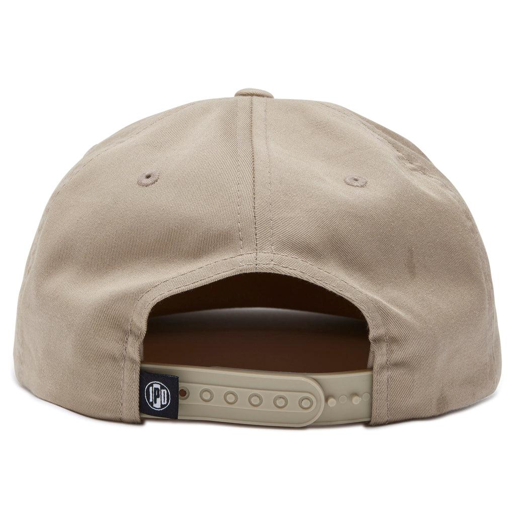 rear view of five panel bolts unstructured snapback in khaki showing back two panels and snapback 