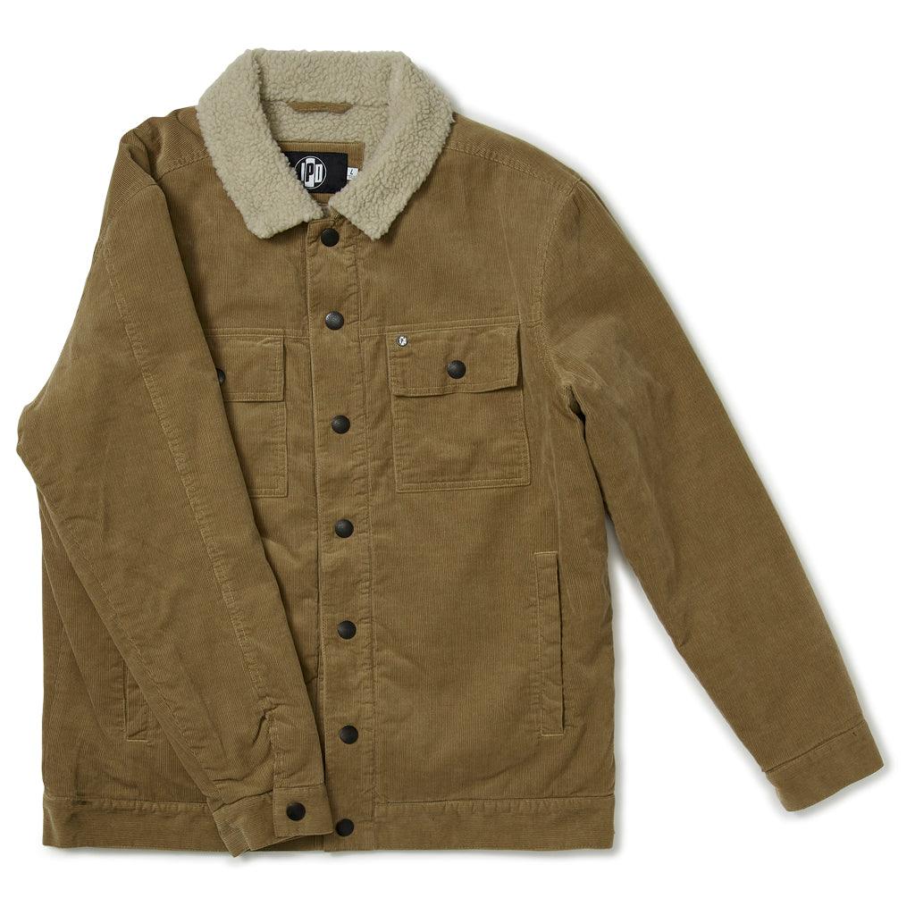 The front view of a brown corduroy jacket with a sherpa collar, two chest patch pockets and two side pockets at the waist. Metal snaps are along the closure of the jacket as well as one on each front patch pocket and on the cuffs. 