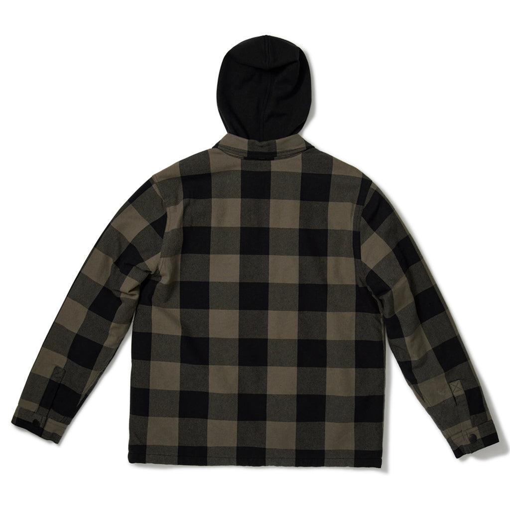 Front view of a plaid olive green full zip fleece hooded flannel with black stripes and two chest pockets.