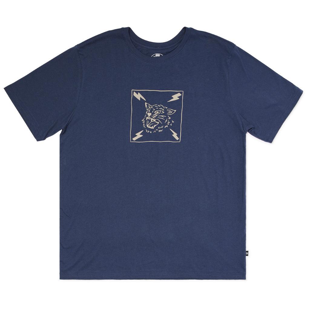 front view of mens bolts short sleeve shirt in navy showing logo of tiger head wit four lightening bolts coming off it within a line square 