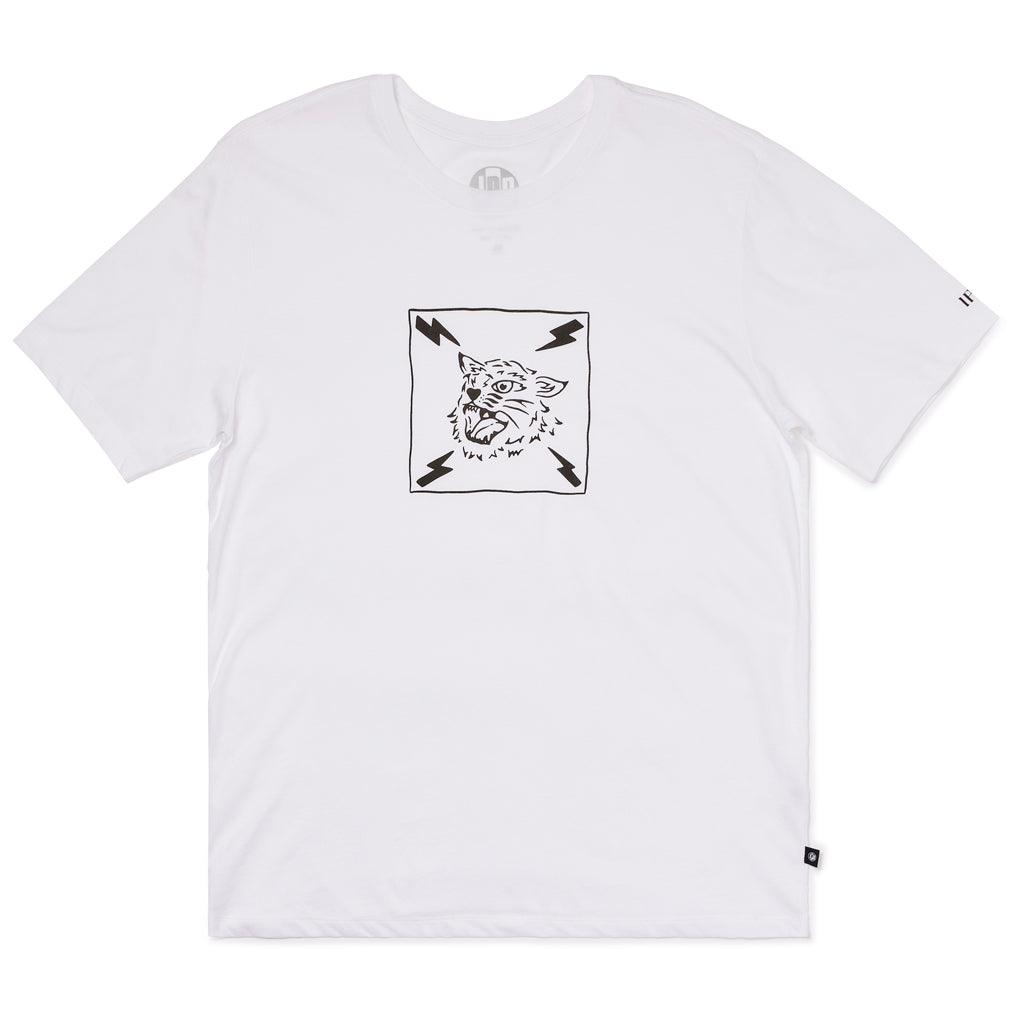 mens bolts short sleeve tee in white showing logo of tiger head surrounded by four lightning bolts within a line square 