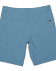 rear view of mens carter hybrid walkshort in banjo blue showing two rear pockets one with zipper closure and one without along with belt loops along waist 