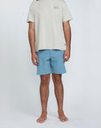 The front view of a man wearing blue shorts with two side pockets.