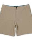 The front view of tan shorts with two side pockets, two metal snaps at the closure, and a small circular I P D logo to the left of the snaps. The waistband has two double rows of stitching. There is also double stitching along the edges of a horizontal rectangular section located below the waist, above the crotch and extending to the left and right side seams.