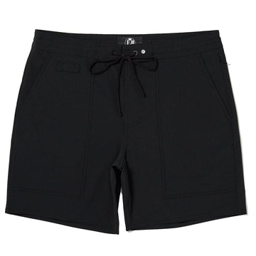 Solid black boardshorts front.